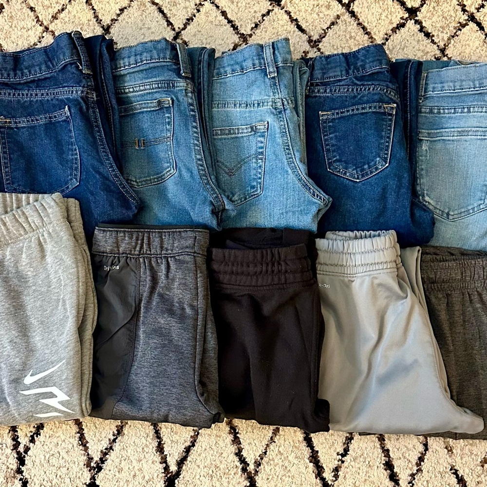 10pc Boys Pants Set, Size 8, Multiple Brands, 5 Jeans, 5 Sweatpants, Nike..